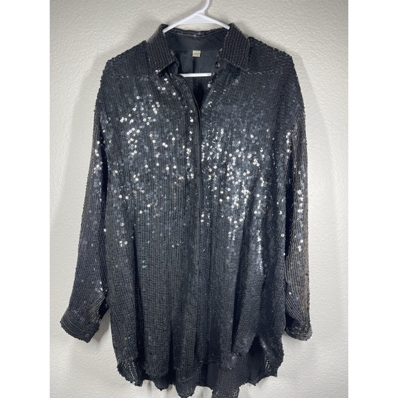 Tops - sequin sparkle holiday evening plus size 1X EUC black button up